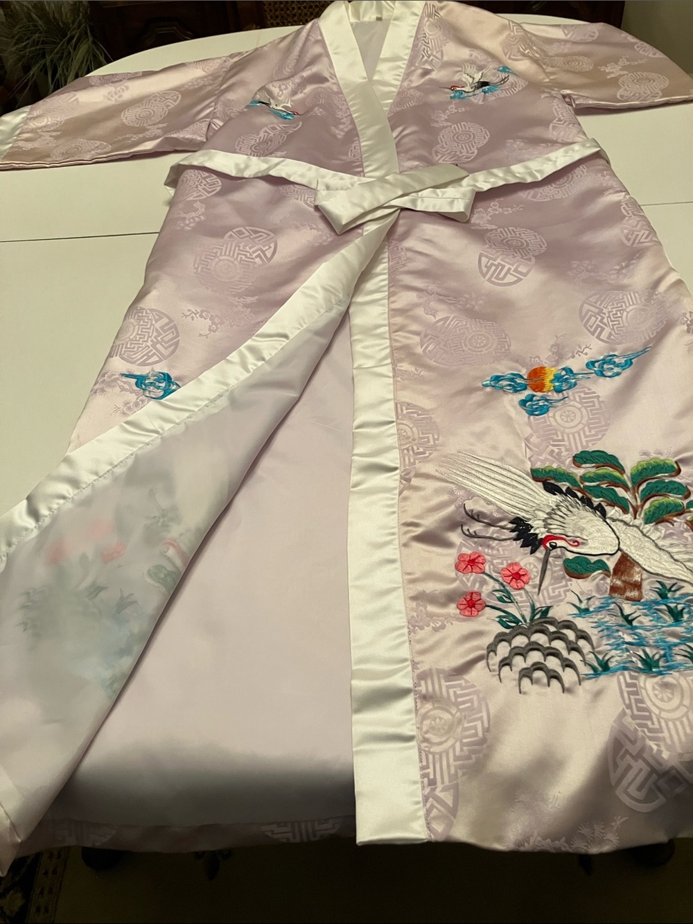 Lavender Embroidered Satin Kimono Robe